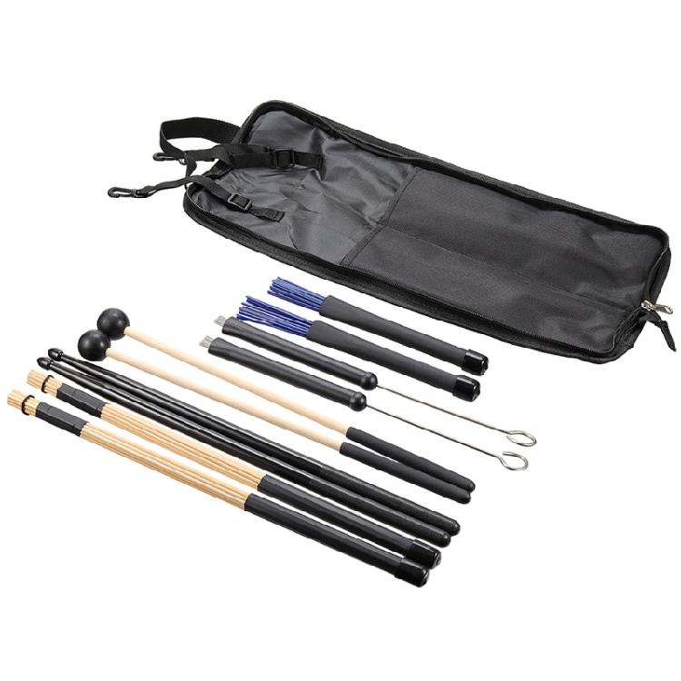 Comprehensive Drummers Set Drumsticks Set Assorted Brushes Mallets Bamboo Rods and Oxford Waterproof Bag Easy Carrying