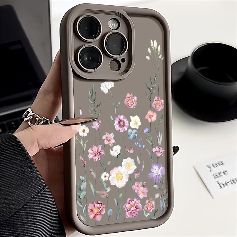 

Чистый цветной матовый противоударный чехол для телефона с цветочным узором для iPhone 16 Pro Max 15 Pro 14 Plus 13 12 11 XR XS 8 7, защита объектива, мягкий бампер из ТПУ iPhone 11 кофейный