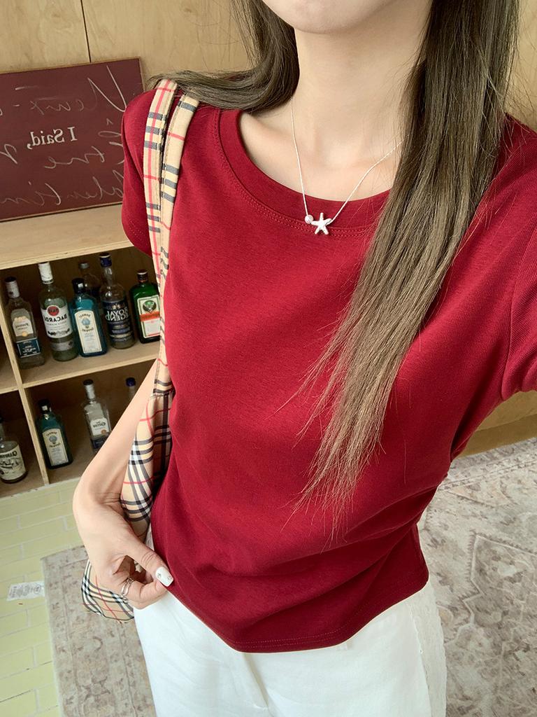 Front Shoulder Crew Neck Short Sleeve T-Shirt Women's Summer Design Sense Waist Skinny Curved Hoop Short Xiaofei Sleeve Slim Top
