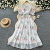 Sweet Floral Chiffon Floral Dress Maxi A-line Puff Sleeve Bow Neck Summer Women Retro French Fairycore Elegant Vacation Dress