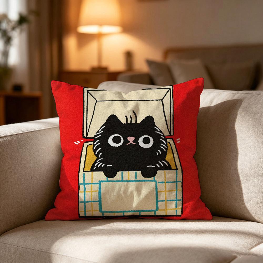 Hand Drawn Cartoon Happy Cat Pillow Case Cushion Cover Soft Washable Pillow Case Multi-Scene For Couch Bed Travel Office Use