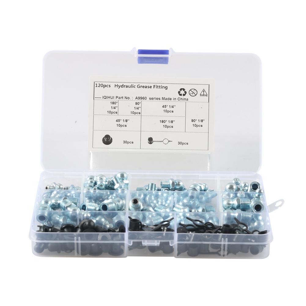 

Набор из 120 шт. смазочных ниппелей 1/8 1/4 с прямыми угловыми пресс-масленками с колпачком для замены отсутствующих или сломанных фитингов серебряный