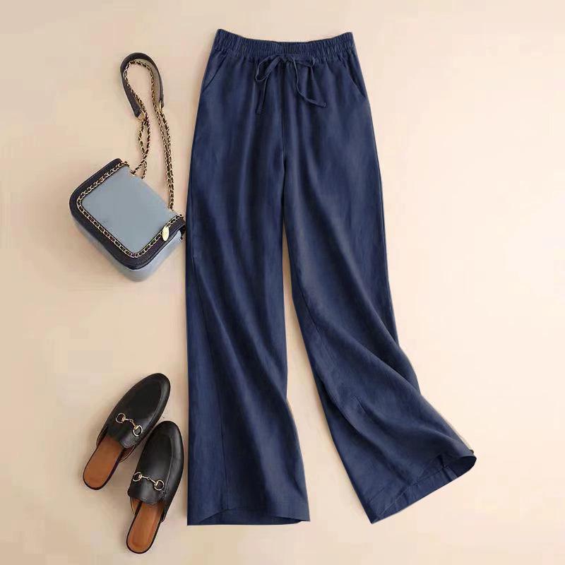 Women's Cotton Linen Elastic Waist Wide Leg Pants - Plus Size, Casual, Draping Straight Leg, Spring/Summer