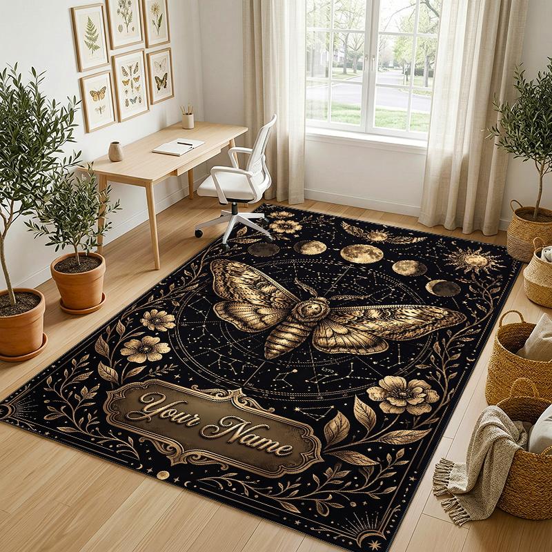 Golden Mandala Theme Soft Crystal Velvet Rug Custom Name & Text Print Non Slip Floor Rug for Bedroom Living Room