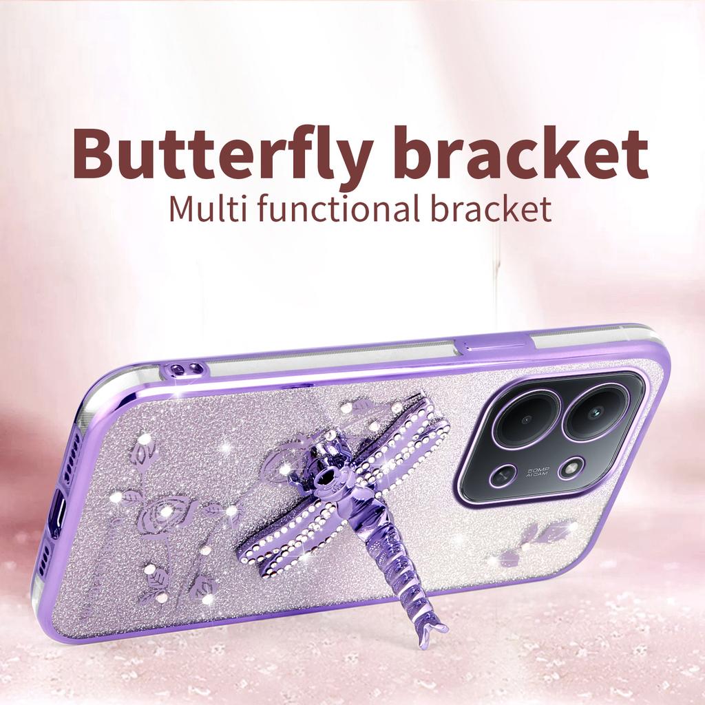 For Xiaomi Redmi 15C 4G (Global) (171mm)/Poco C85 4G (171mm) Case Dragonfly Kickstand TPU Flowers Glitter Phone Cover