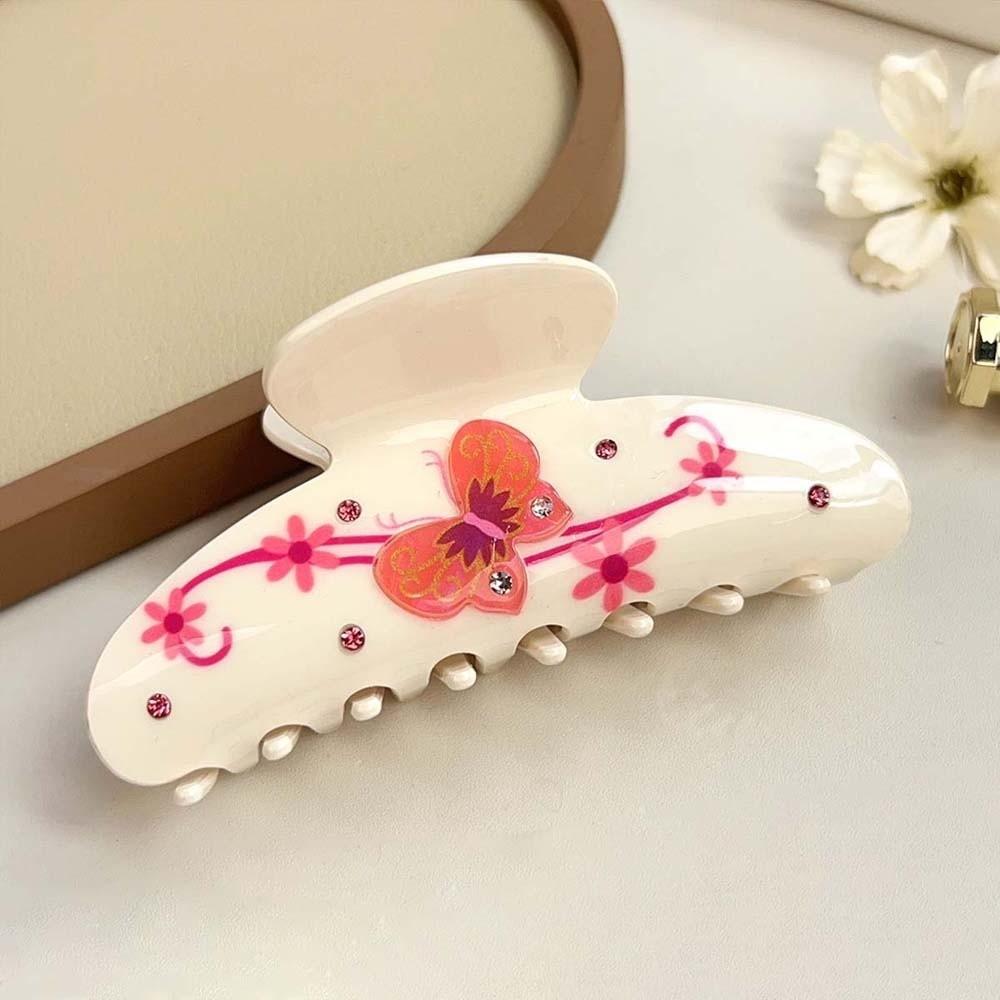 

Iridescent Women Shark Clip Flower Acrylic Hair Claw Rhinestone-inlay Hair Claw Travel Style 4