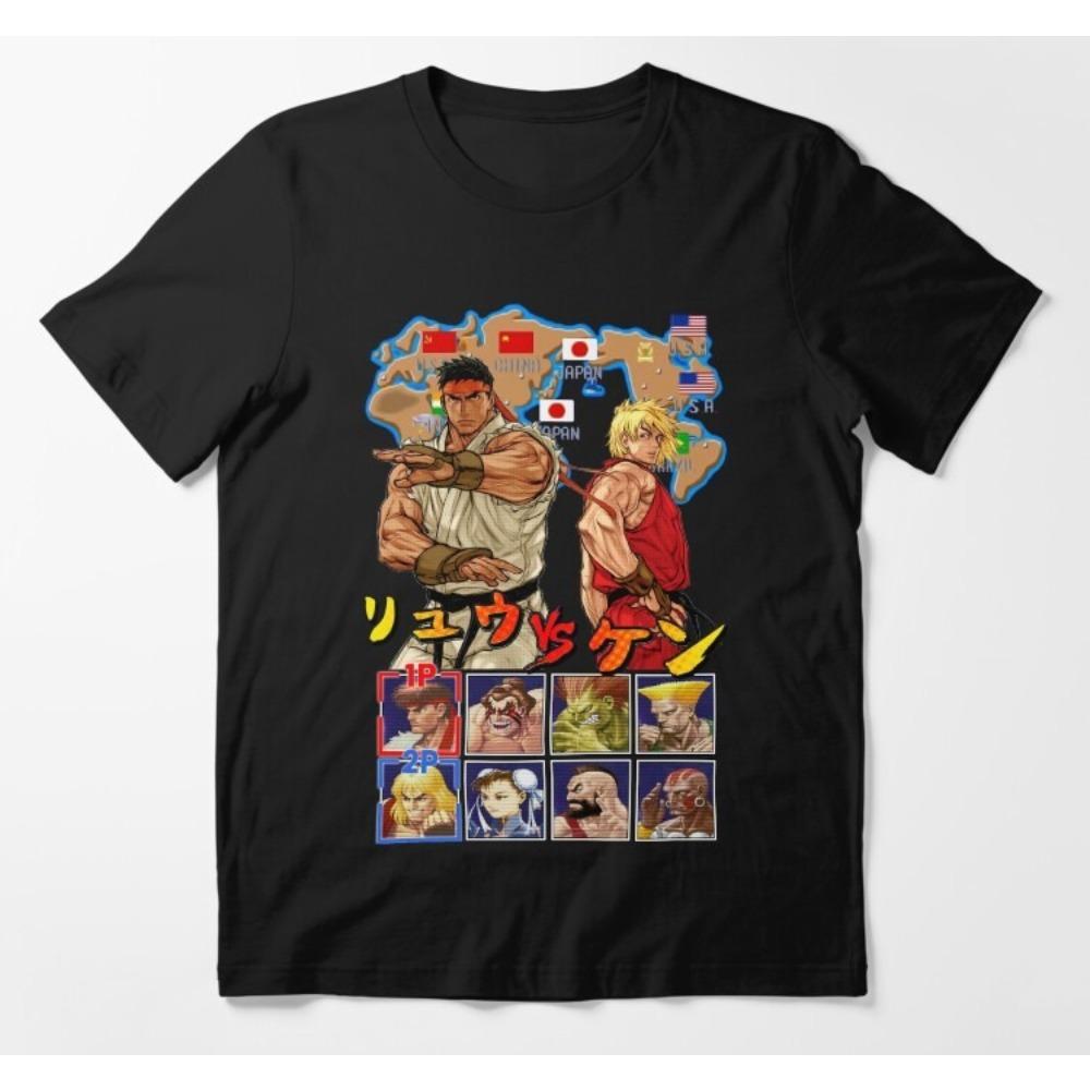 Street Fighter Character Map Print Tshirt Unisex Retro Game Short Sleeve Trendy High Quality Pure Cotton Loose Casual Streetwear
