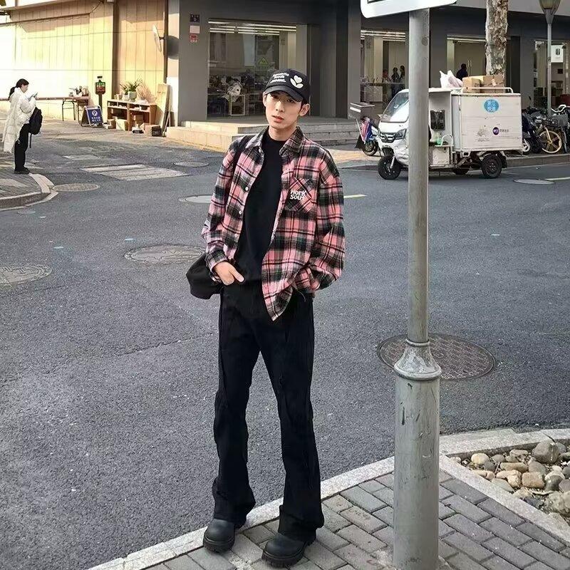 Wukong In Stock Street Style Color Block Plaid Short Sleeve Shirt Unisex Trendy Pocket Letter Embroidery Loose Couple Shirt