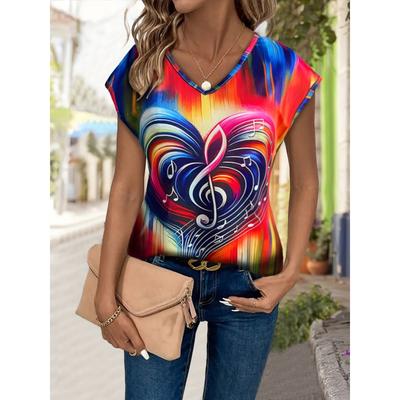 Colorful Musical Notes Print Stylish Women Classic V Neck T Shirt Soft Short Sleeve Tee for Casual Outings