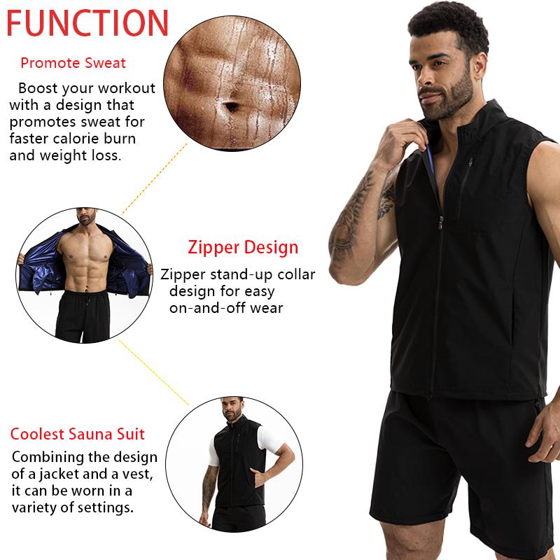 Men Sauna Suit Zipper Design Tummy Control Vest Sleeveless Stand-up Collar Shapewear Sweat Multi-functional Jacket Heat Trapping Body Shaper
