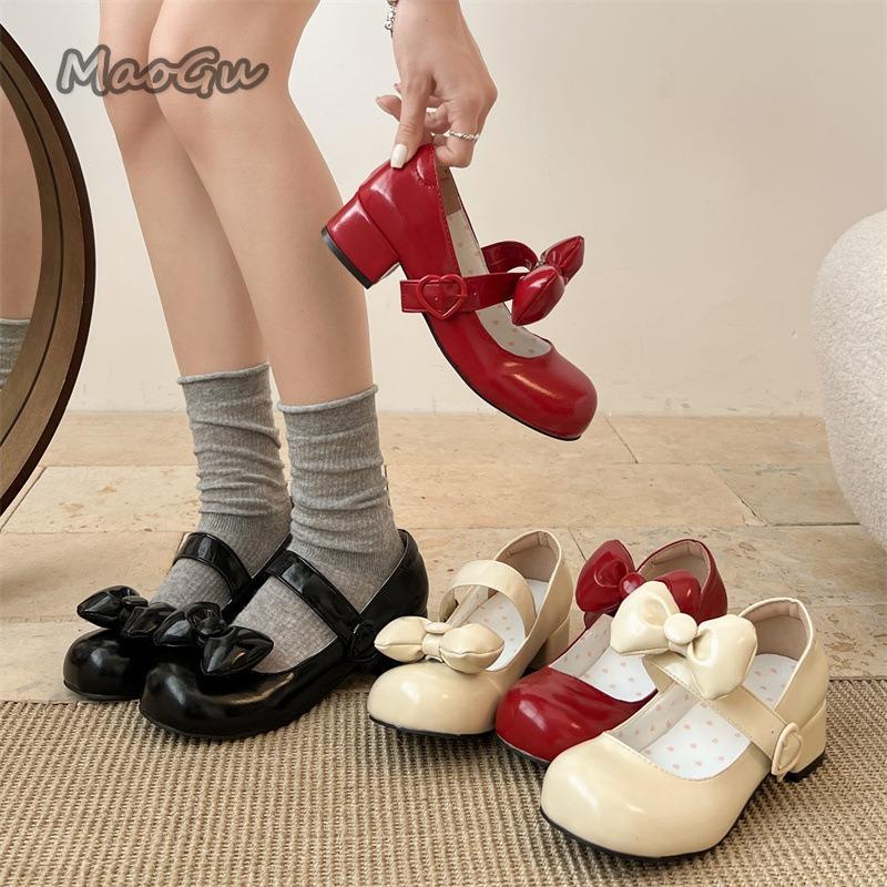 Fashion Butterfly-knot Women Mary Jane Shoes Elegant Round Toe Thick Heel Shoes Ladies Fashion Lolita Pumps Size 35-39 Zapatos De Mujer