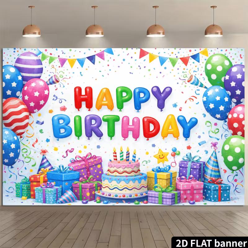 2D Rainbow Happy Birthday Photography Backdrop, Balloon & Gift Box Background