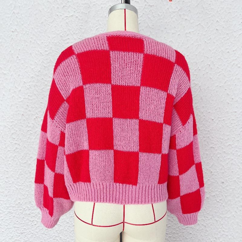 Autumn and Winter New Casual Loose Checkered Contrasting Coarse Needle Cardigan Cute Knitted Sweater Jacket for Women