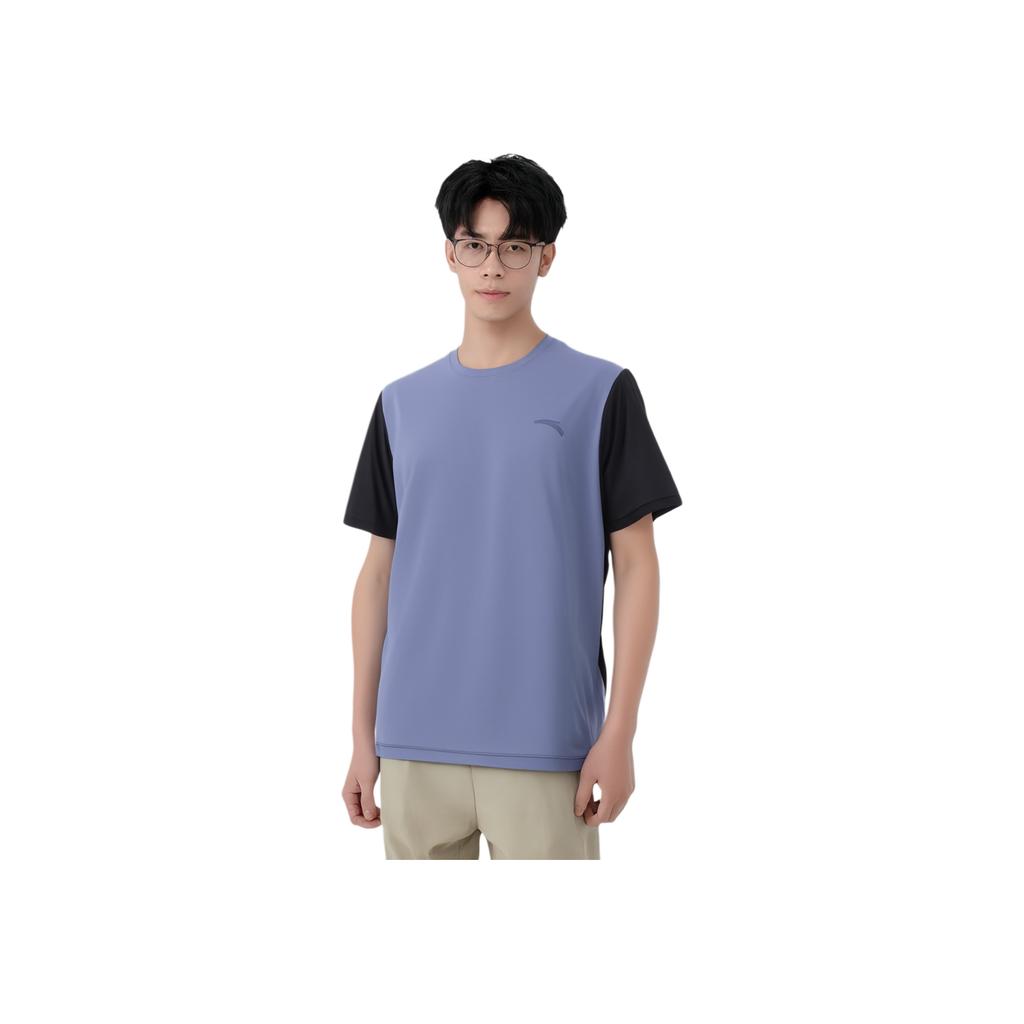 Anta Training Series Color Block Round Neck Comfortable Pullover Short Sleeve Regular T-Shirt Men Tops Maze-Blue Basic-Black 152427119-2