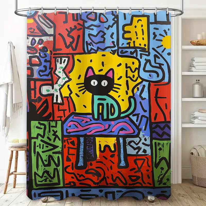 Brightly Colored Graffiti Shower Curtain Featuring Abstract Cat Design Modern Bathroom Decor For Home Bath Remodels