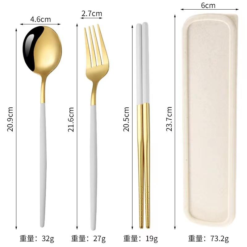 Stainless steel tableware, convenient student spoon, fork, chopstick three-piece set, travel storage set