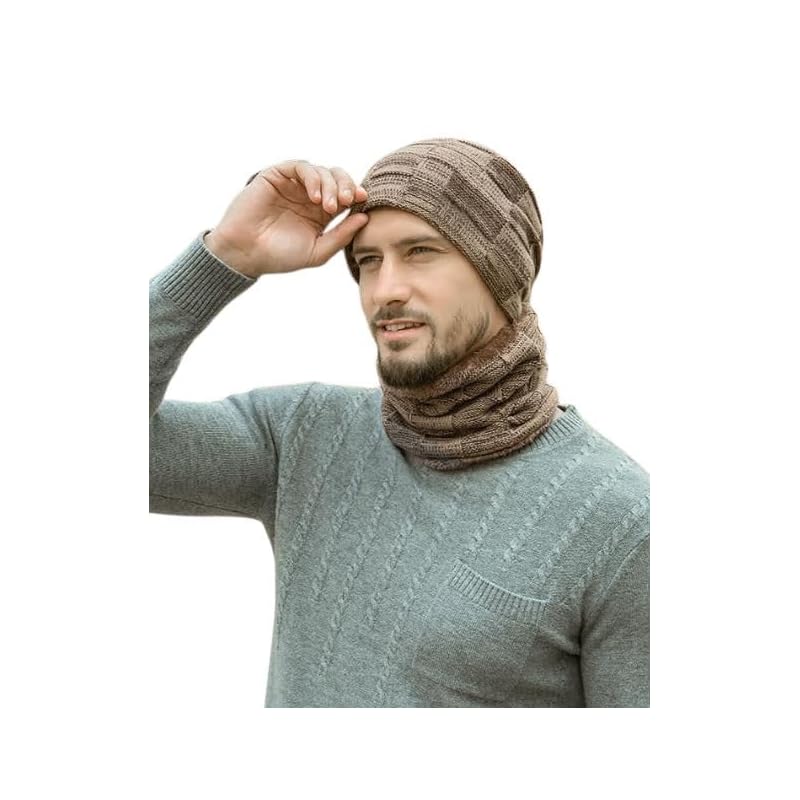 

[PETITCHOU] Cold protection Windproof cap neck warmer hat muffler men s warm set skiing snowboarding outdoor (JP, alphabet, L, Free Size, brown)
