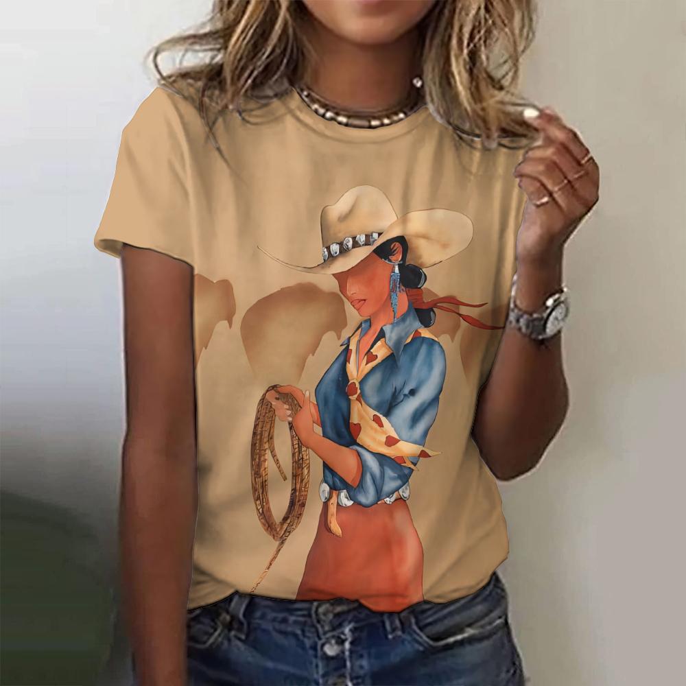 Retro Western Women's Short Sleeved T-shirt Top Loose Cowboy 3D Printed T-shirt