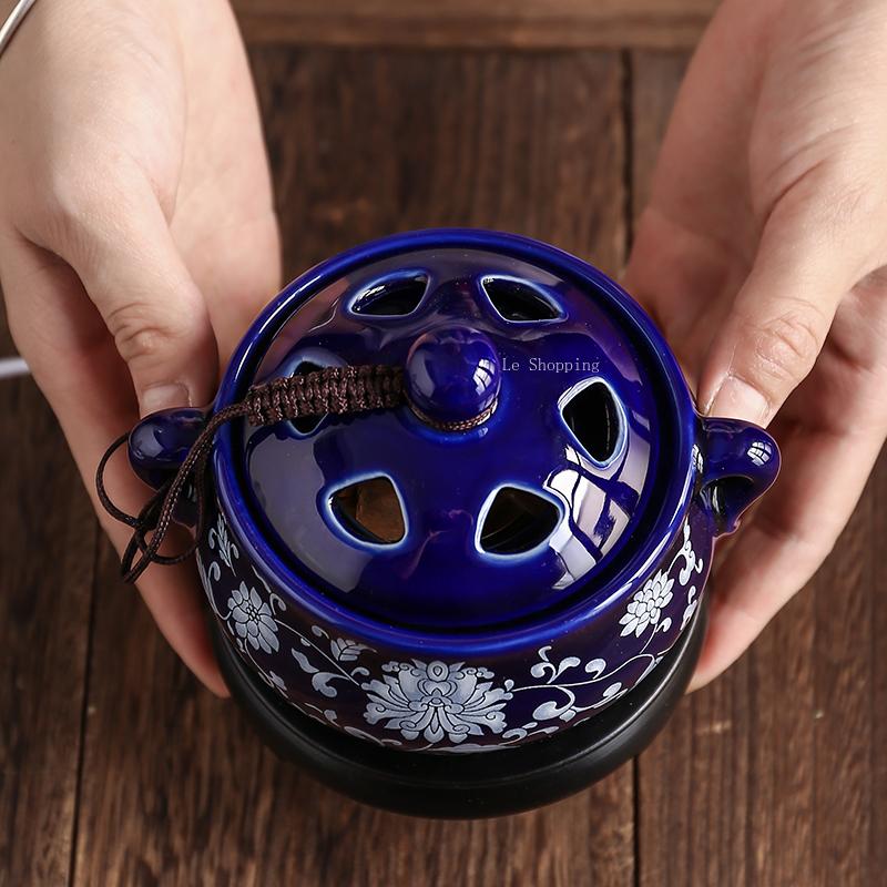 Black Base Double Ear Cloisonne Ceramic Incense Burner/Thermoregulation TimingEssential Oil Incense Powder Indoor Incense Burner