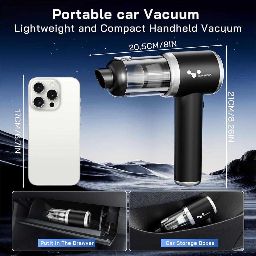 Helloleiboo Handstaubsauger für Auto 16000PA Auto Staubsauger Tragbar Kabellos 120W Hohe Leistung 4-in-1 Mini-Staubsauger Wiederaufladbar & Luftgebläse