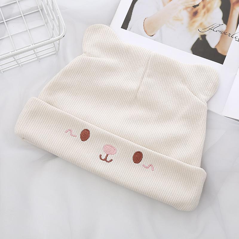 Cartoon Stack Hat Female Autumn and Winter New Pullover Hat Bear Embroidery Cute Thermal Ear Hat Student with Ears
