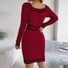 Women's Fashion Retro Colorblock Square Neck Button Long Sleeve Sweater Hip Dress