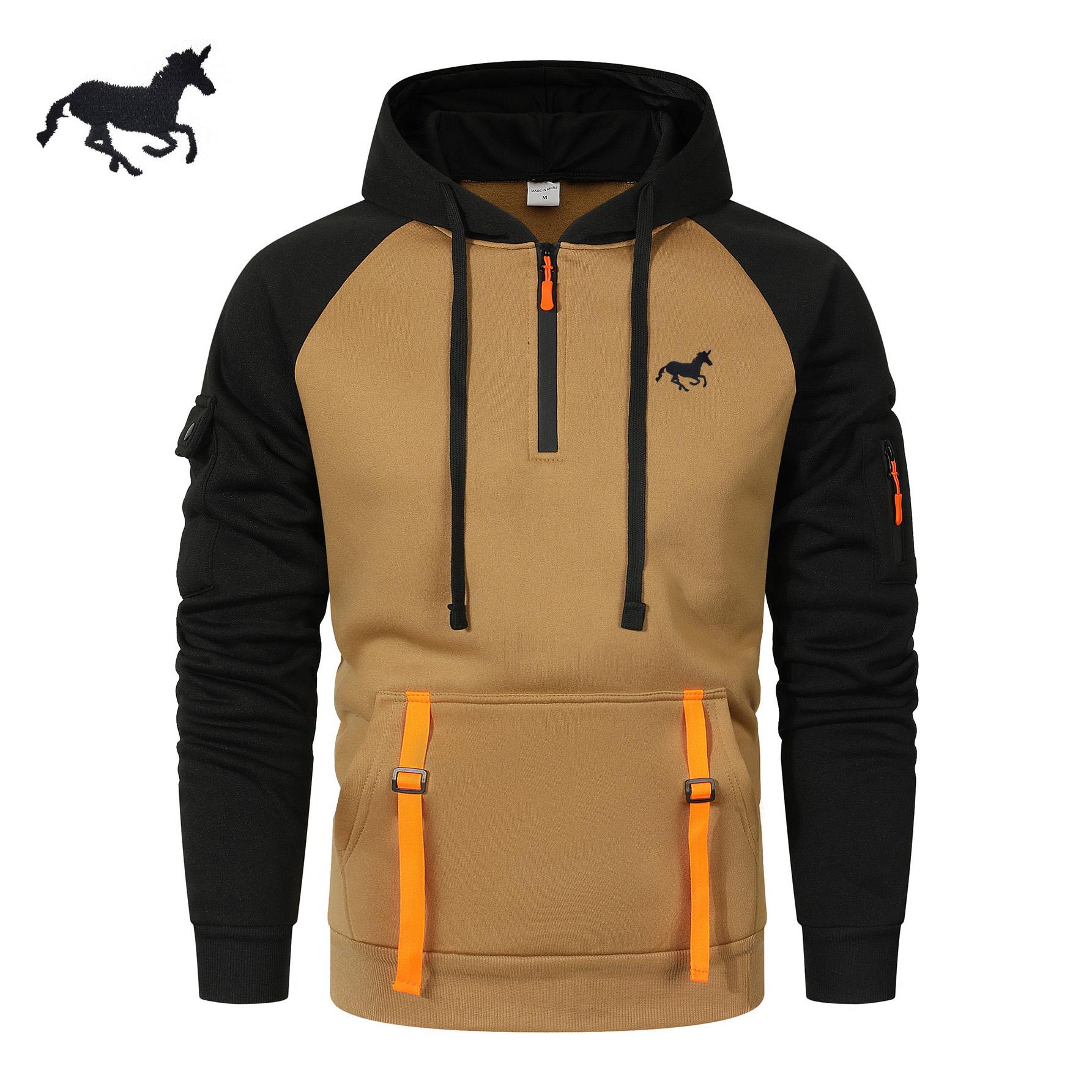 

2025 Осень/Зима Новая Толстовка Пуловер с Вышивкой Бегущей Лошади, Мужская Повседневная с Несколькими Молниями, Карман на Рукаве, Большая Толстовка, Толстовка для Занятий Спортом на Открытом Воздухе 3XL