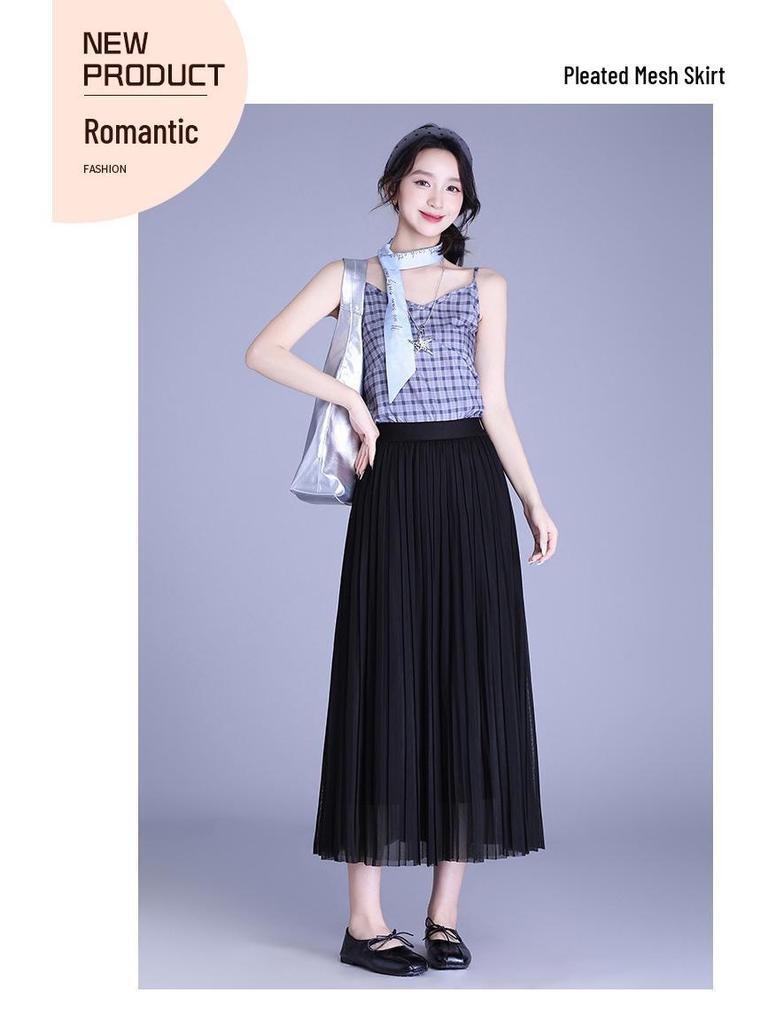 Solid Color High-Waisted Mesh Midi Skirt with Elastic Waist and Lurex Drape