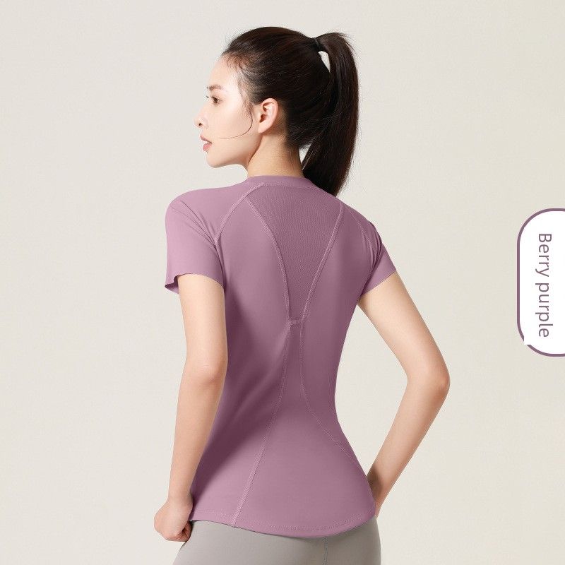 

Mesh Sports Yoga Short Sleeve Sports Fitness Clothes Chest Shaping Breathable Sports T-shirt Women s Yoga Clothes Slim Looking Berry purple S