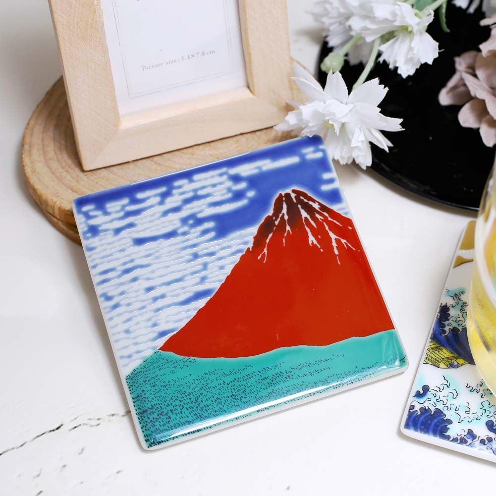 Made In Kutani Kutani Gosai Ceramic Square Auspicious Red Mount Wedding Grand Opening Gift Japan, Ware, (five Colors), Porcelain, Coaster, Plate,