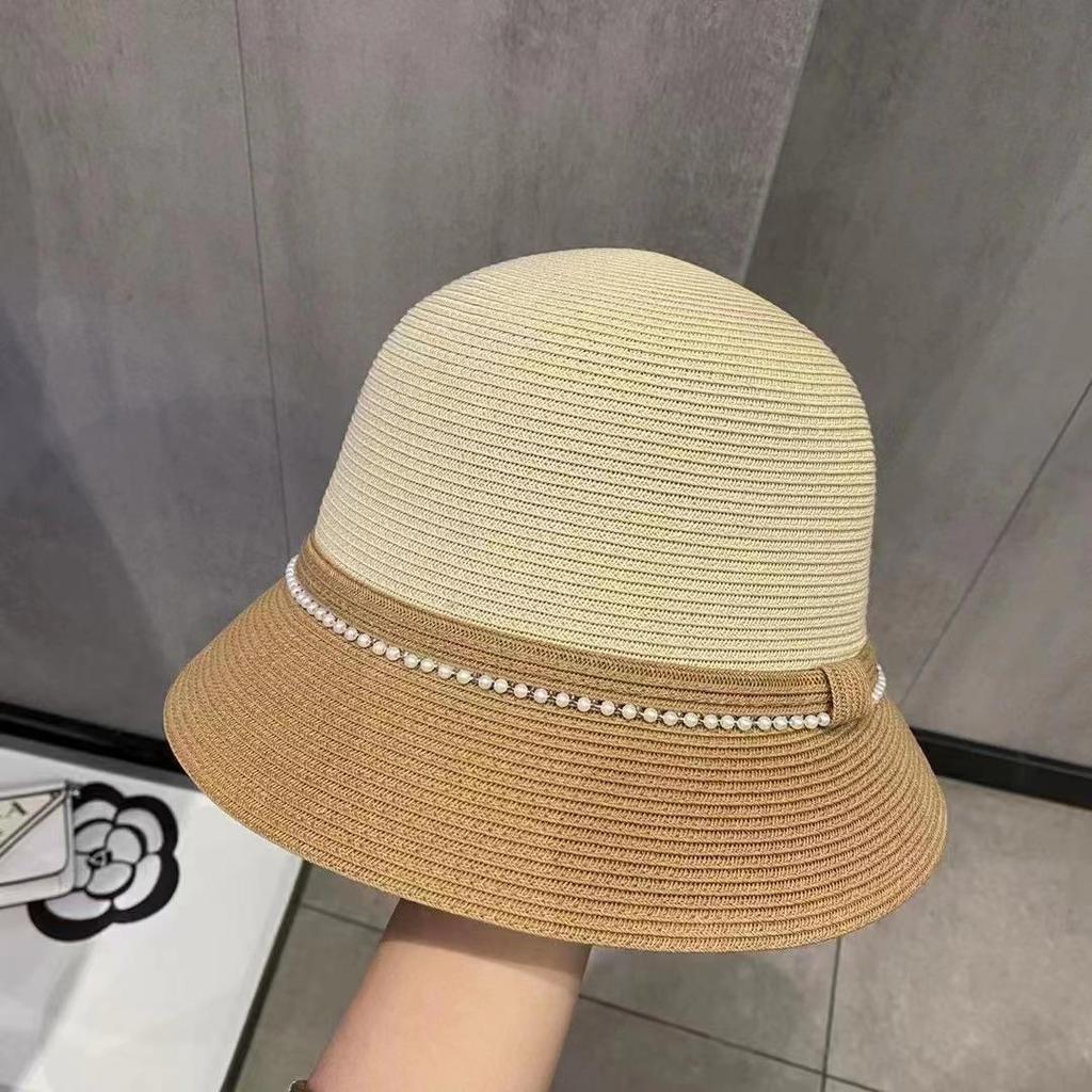 Dome Straw Color Matching Bucket Hat Pearl Straw Hat Women's Summer Sunshade Sunscreen Top Hat Foldable Sun Hat
