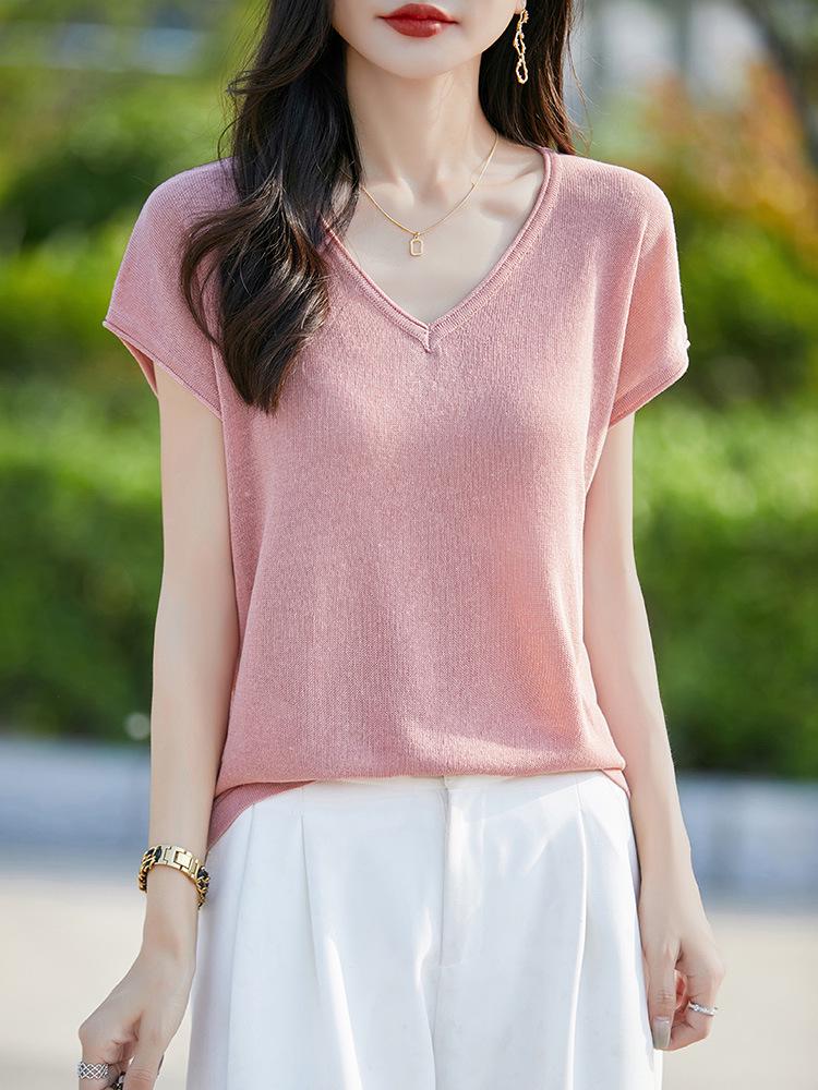 Women's V-Neck Lyocell Linen Knit T-Shirt - Spring/Summer 2026
