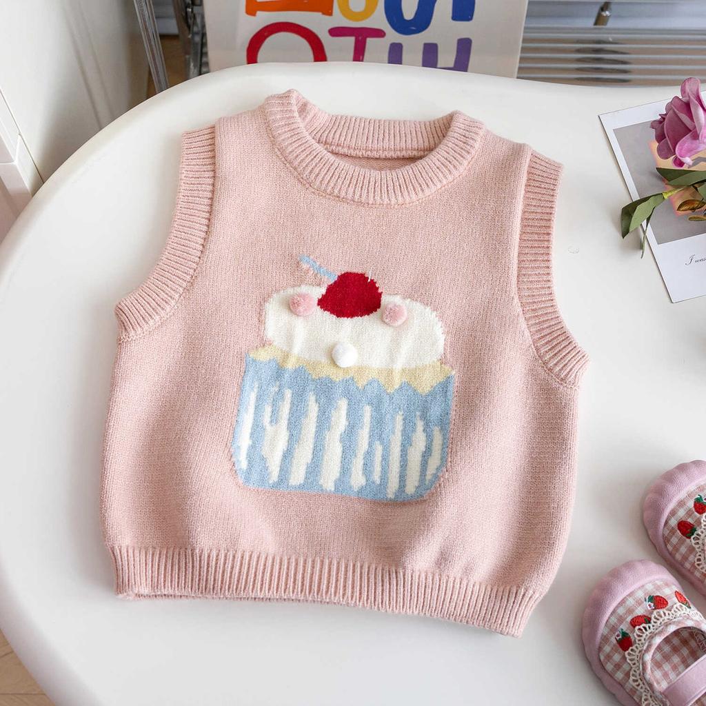 Cute Cartoon Knit Vest For Girls Spring Autumn Stylish Baby Sleeveless Outerwear Sweater Waistcoat