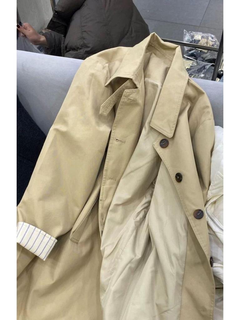 2025 Spring Khaki Women's Long Loose Trench Coat - Petite Mid-Length for Commute