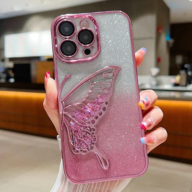 

3D Чехол-бампер с блестками в виде бабочки для iPhone 16 15 14 Plus 13 12 11 Pro Max, гальванизированный силиконовый мягкий ТПУ, противоударная задняя крышка For iphone 11 розовый