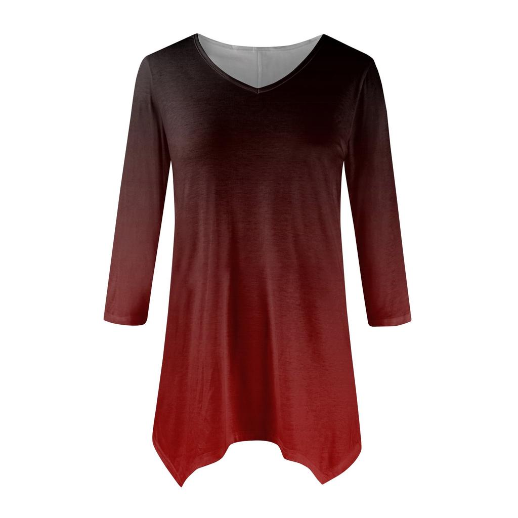 Women's Fashion Casual V-neck Gradual Print Seven-point Sleeve Shirt Belted Loose Comfortable Top