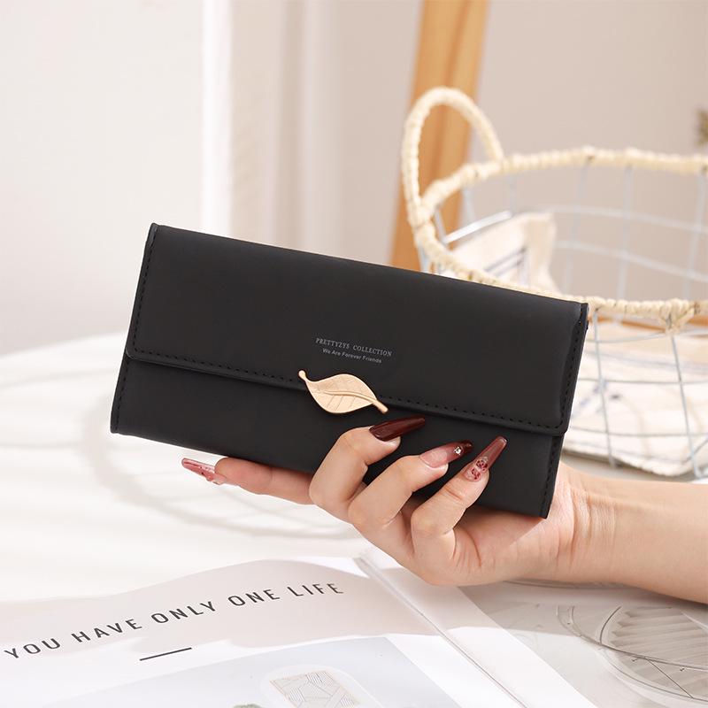 Women's Large Capacity PU Leather Long Wallet, Solid Color with Leaf Buckle – Japanese/Korean Style Clutch