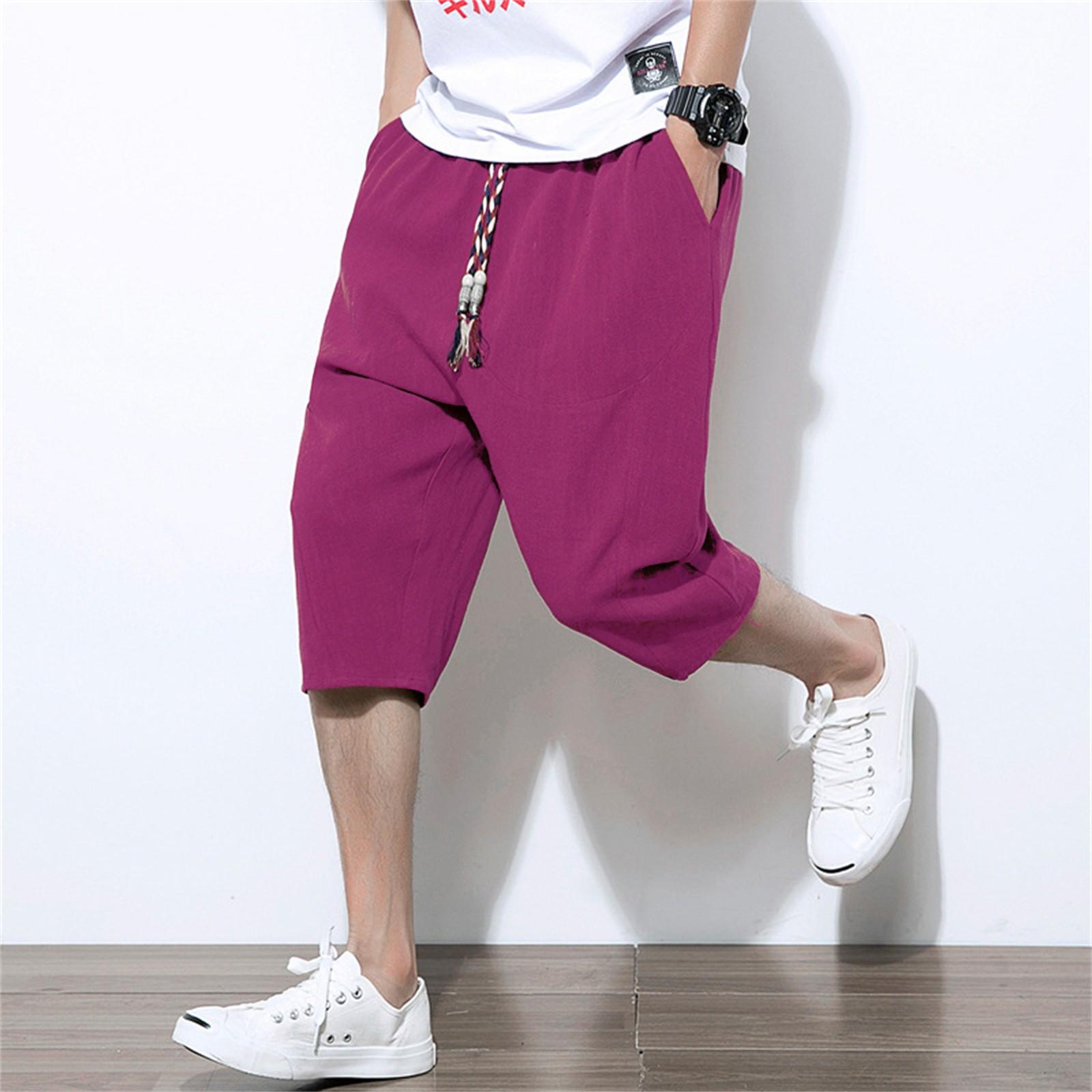 

Men s Casual Color Cotton Linen Lightweight Comfortable Casual Shorts Cropped Pants XXL винний