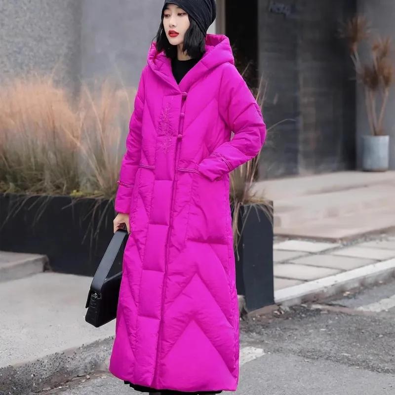 

Женское зимнее теплое толстое свободное длинное пальто с капюшоном, стеганое, в ретро китайском стиле, женская парка 3XL розы красного