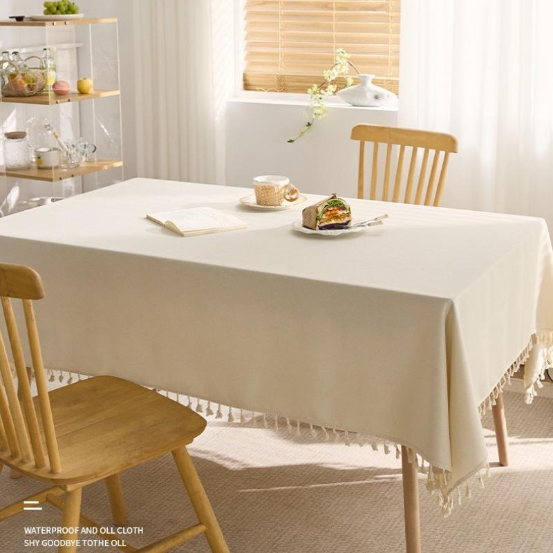 Solid Color Cotton Thread Tassel Tablecloth Heat-proof Waterproof Stain Resistant Coffee Table Cloth Rectangular Desktop Protective Cloth 1pcs