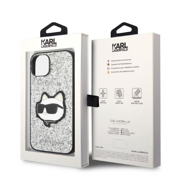 Etui do iPhone 14 Karl Lagerfeld Glitter Choupette Patch srebrny