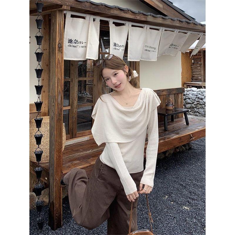 Kumikumi New Arrival Chic Swing Collar Oatmeal Color Long Sleeves Knitwear Women's Clothing Fall Easiest for Match Figure Flattering Graceful Tops
