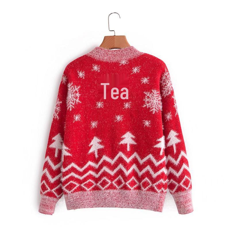 Women's Faux Mink Velvet Snowflake & Tree Sweater - 2021 Autumn/Winter European & American Style, Round Neck Pullover.