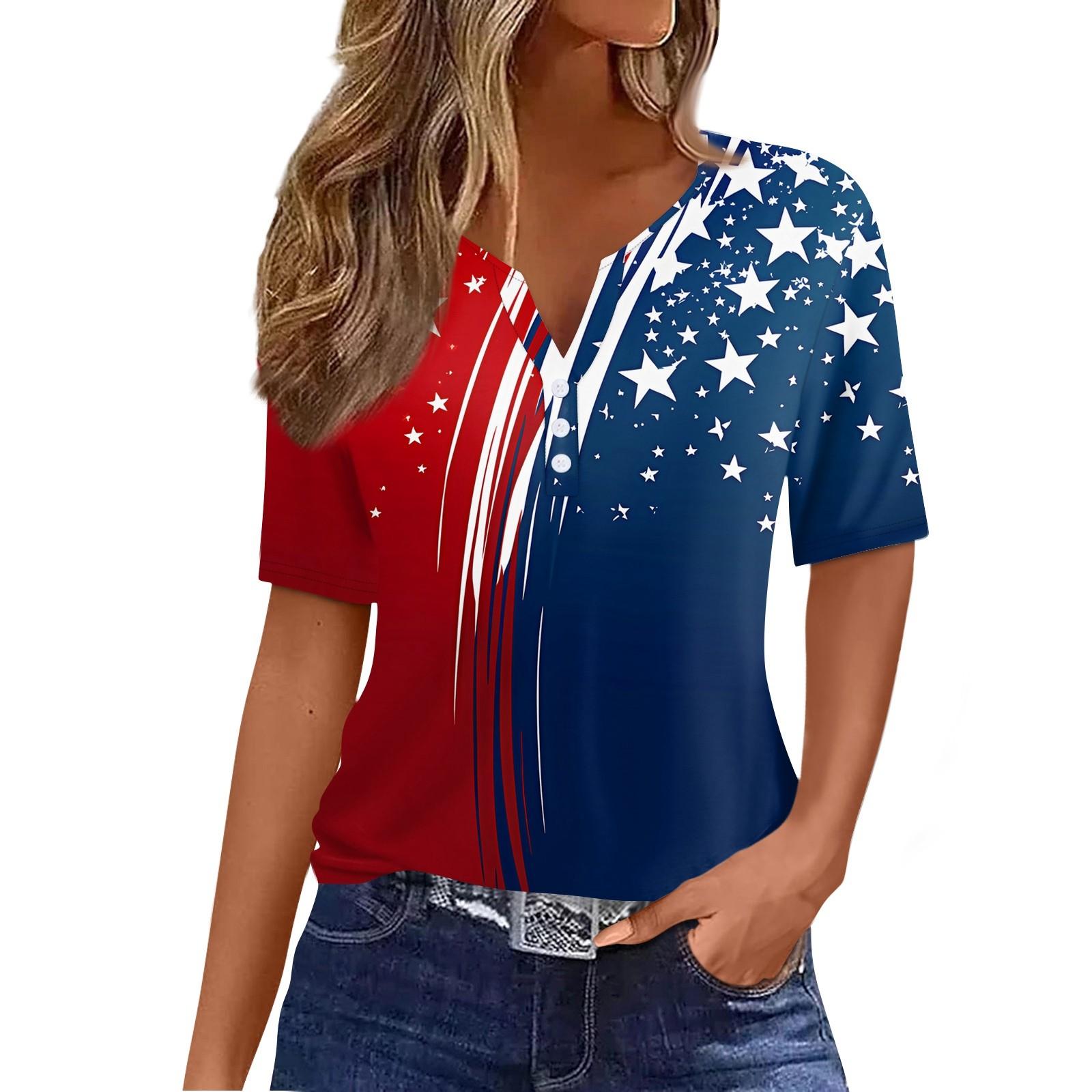 

Женская футболка с принтом «День независимости» на пуговицах с коротким рукавом, повседневная, выходного дня, модная, базовая, с V-образным вырезом, обычная XL синий