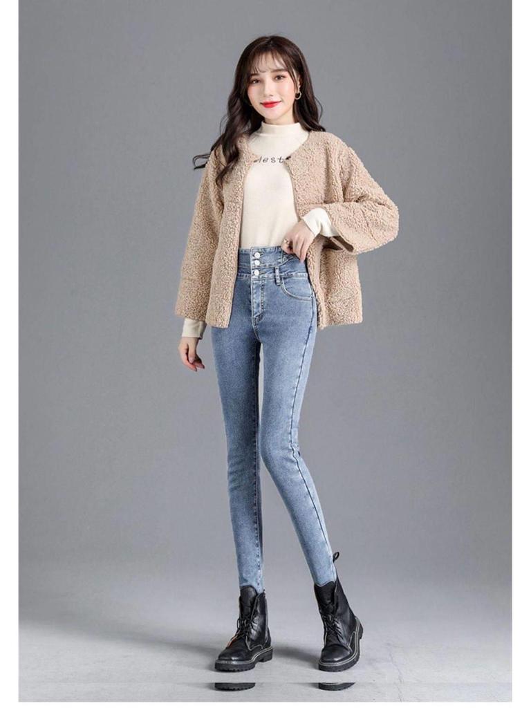 High-Waisted Thick Velvet Skinny Jeans for Women - Winter Slim Fit Stretch Jeggings