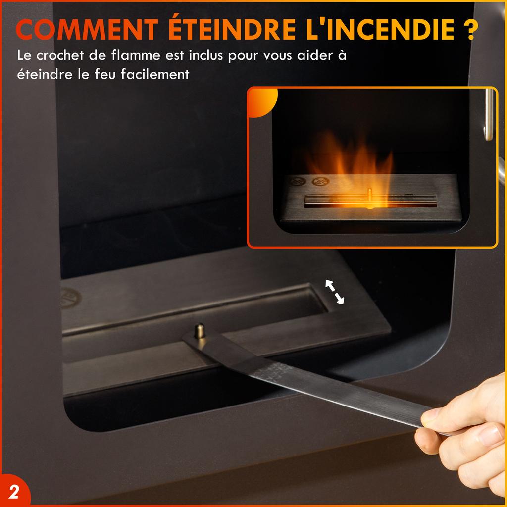 Ethanol fireplace with a 1.2L tank, burning duration of 3 hours, coverage of 20 to 25 m², 50 x 27 x 82 cm, black