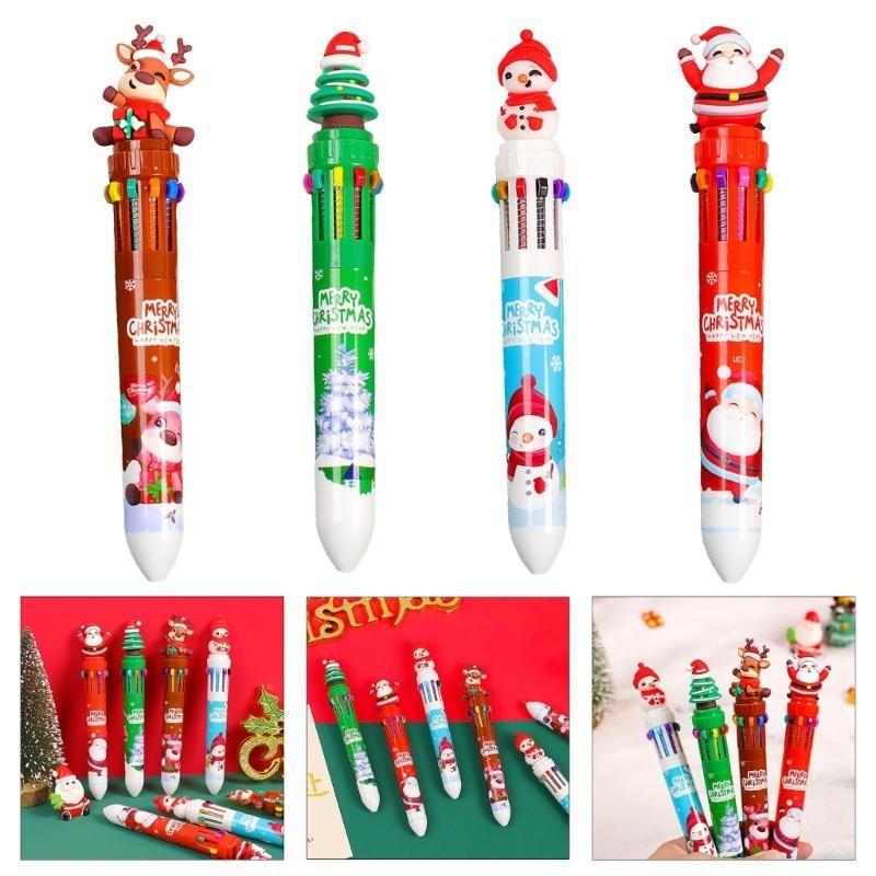 W89C 6x Multicolor Ballpoint Pen 10 in 1 Cartoon Christmas Ballpoint Pen for Party