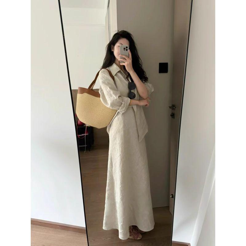 Kumikumi Fancy Suit Women's Minimalist Easiest for Match Loose Lapels Shirt Autumn High Waist Skirt Two-piece Set
