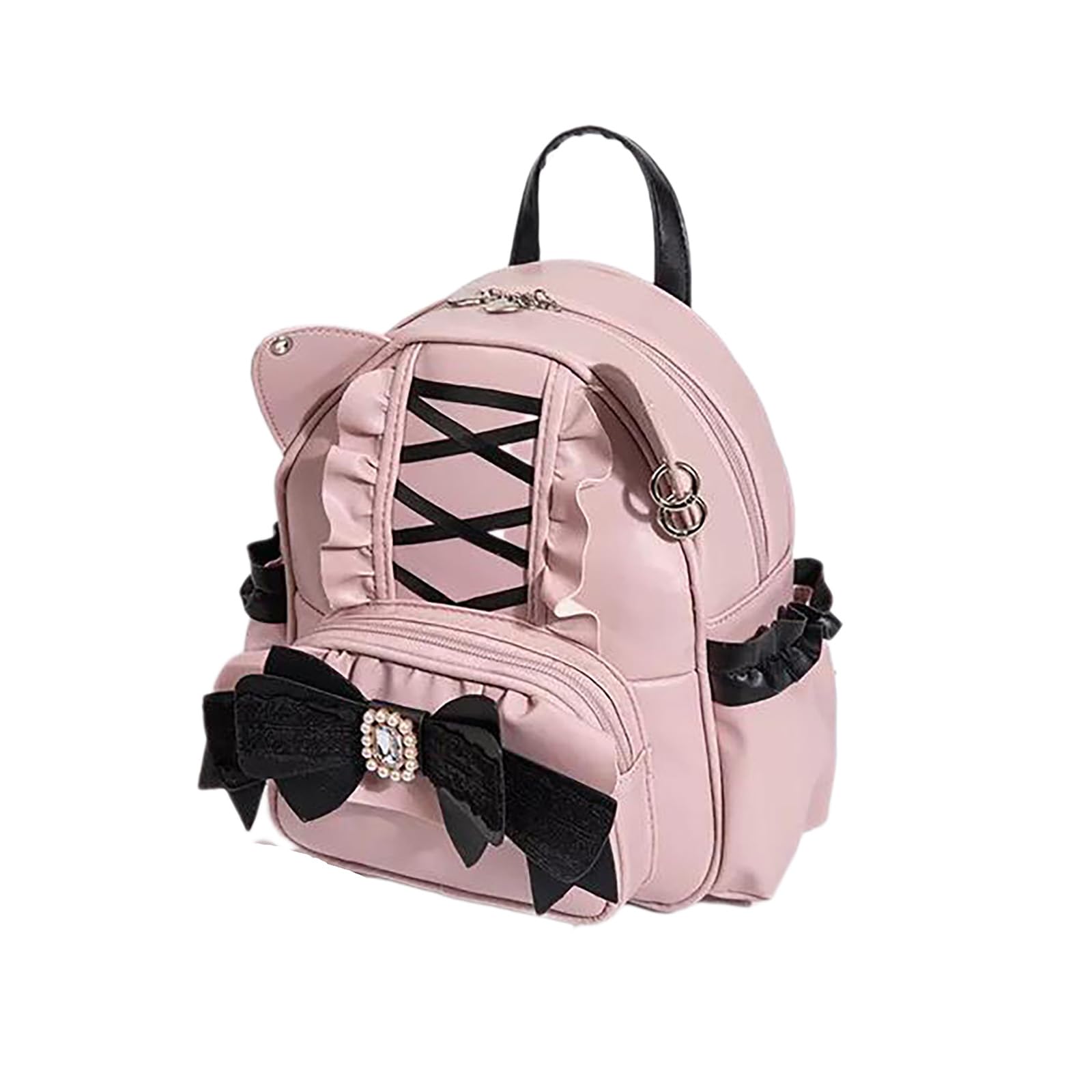 Женский маленький рюкзак с дизайном в виде креста, рюшами, бантом и кошачьими ушками. Водоотталкивающий и популярный, этот стильный, массового производства рюкзак идеально подходит