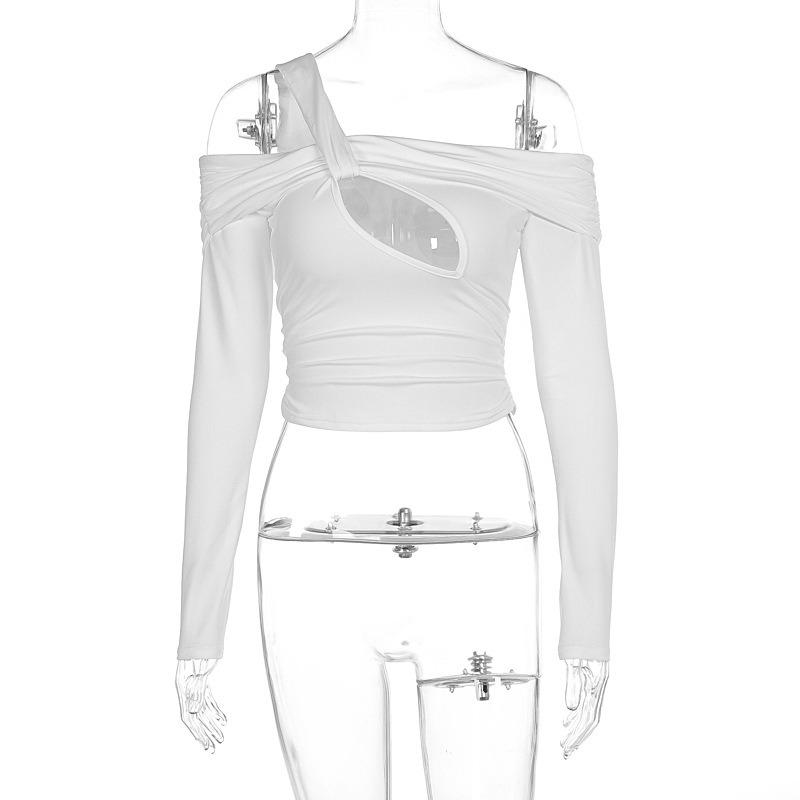 

Новая модная сексуальная ажурная футболка с вырезом-лодочкой, женские топы, элегантные однотонные футболки с длинным рукавом для женщин, повседневная простая облегающая белая футболка, одежда 26215 L белый